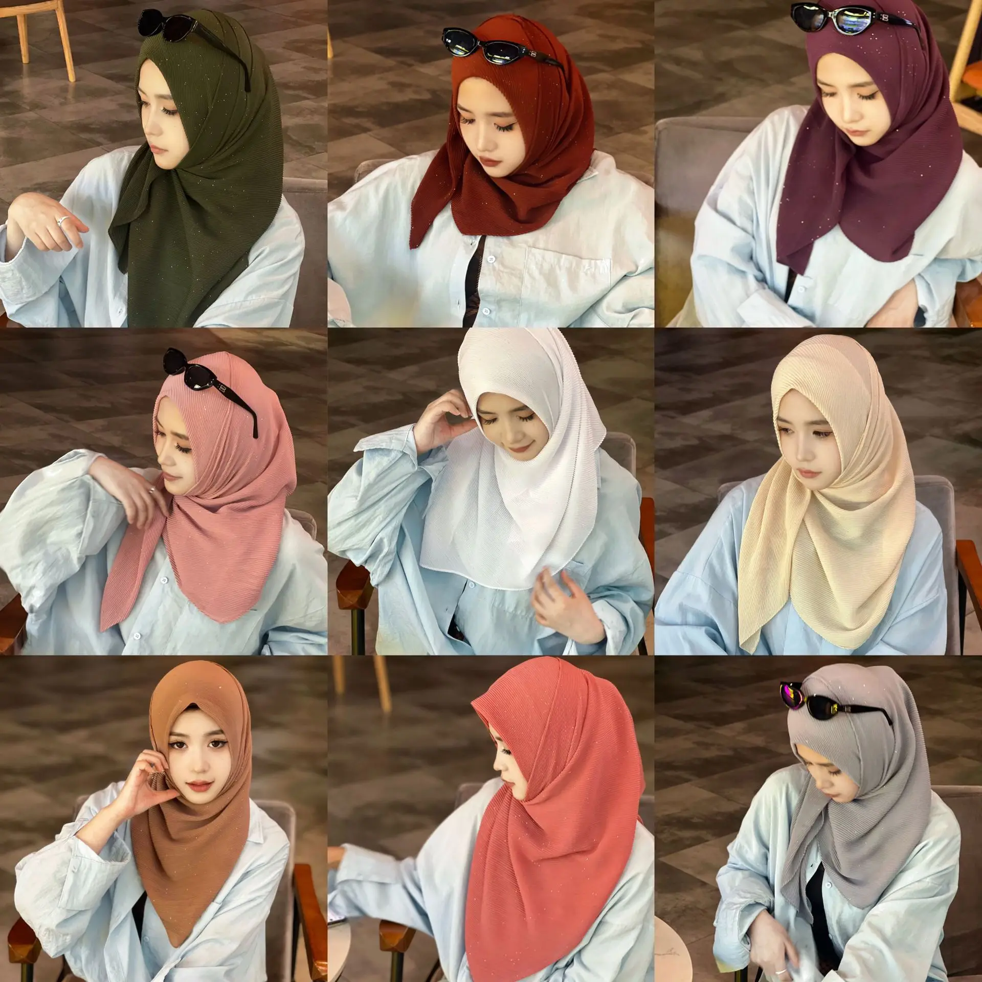 Square Crinkle Chiffon Hijab for Muslim Women Crepe Shawl Wrap Wrinkle Long Turban Islam Headband Headscarf Solid Colors 90*90cm