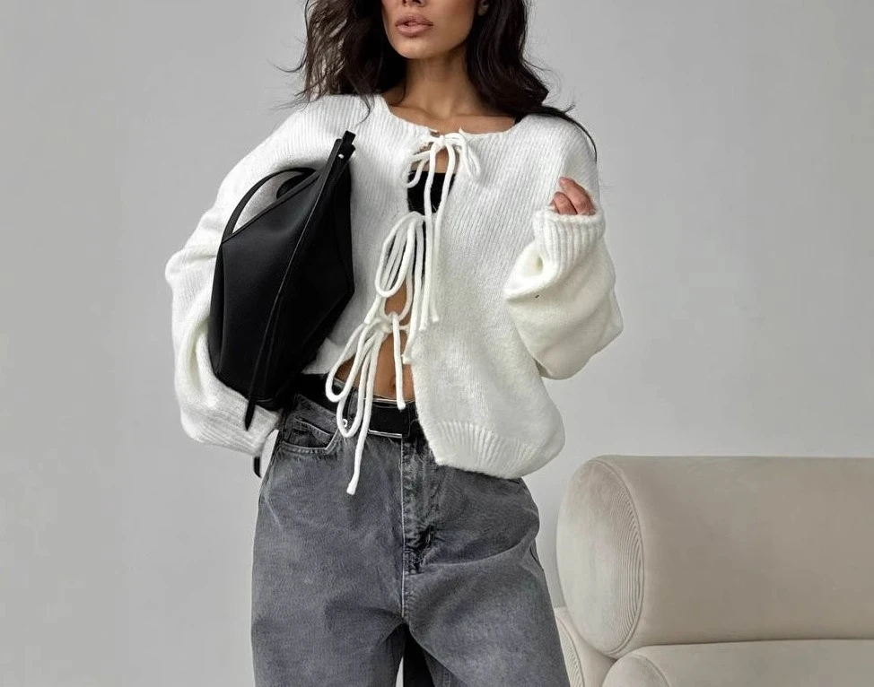 Sweater Wanita Warna Solid dengan Tali Ikat Pita, Gaya Santai, Cardigan Lengan Panjang untuk Musim Gugur dan Musim Dingin, Gaya Wanita