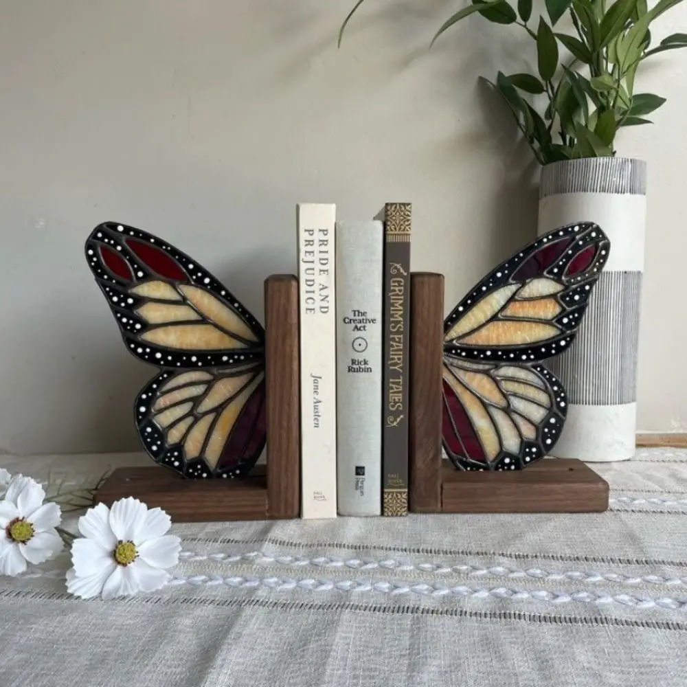 Iridescent Glass Butterfly Wing Bookends Non-Skid Creative Book Ends Holder Wooden Tabletop File Holder Home Office Decorative