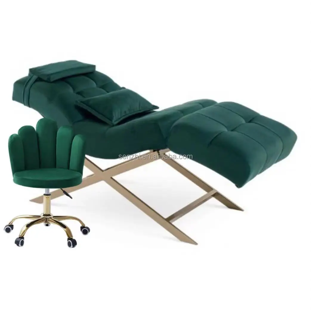 Modern  Flannel Dark Green Base Lifting Lash Bed Beauty Massage Bed with Light for Beauty Salon