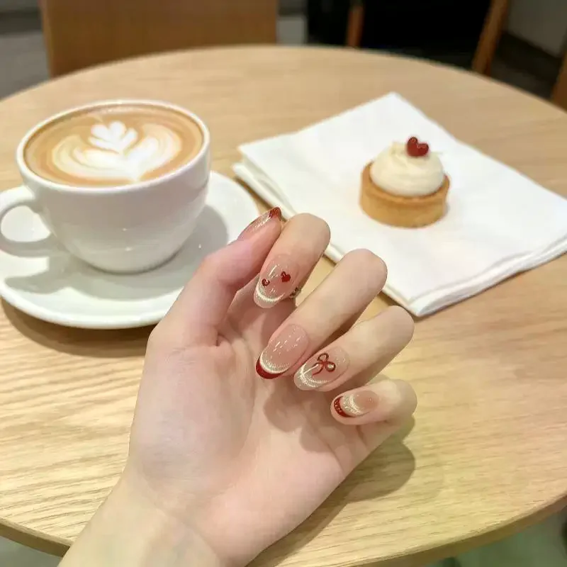 False Nails Short Square-Shaped 16mm Nails Bows And Hearts Pattern Cat-Eye Decoration Glue-Free