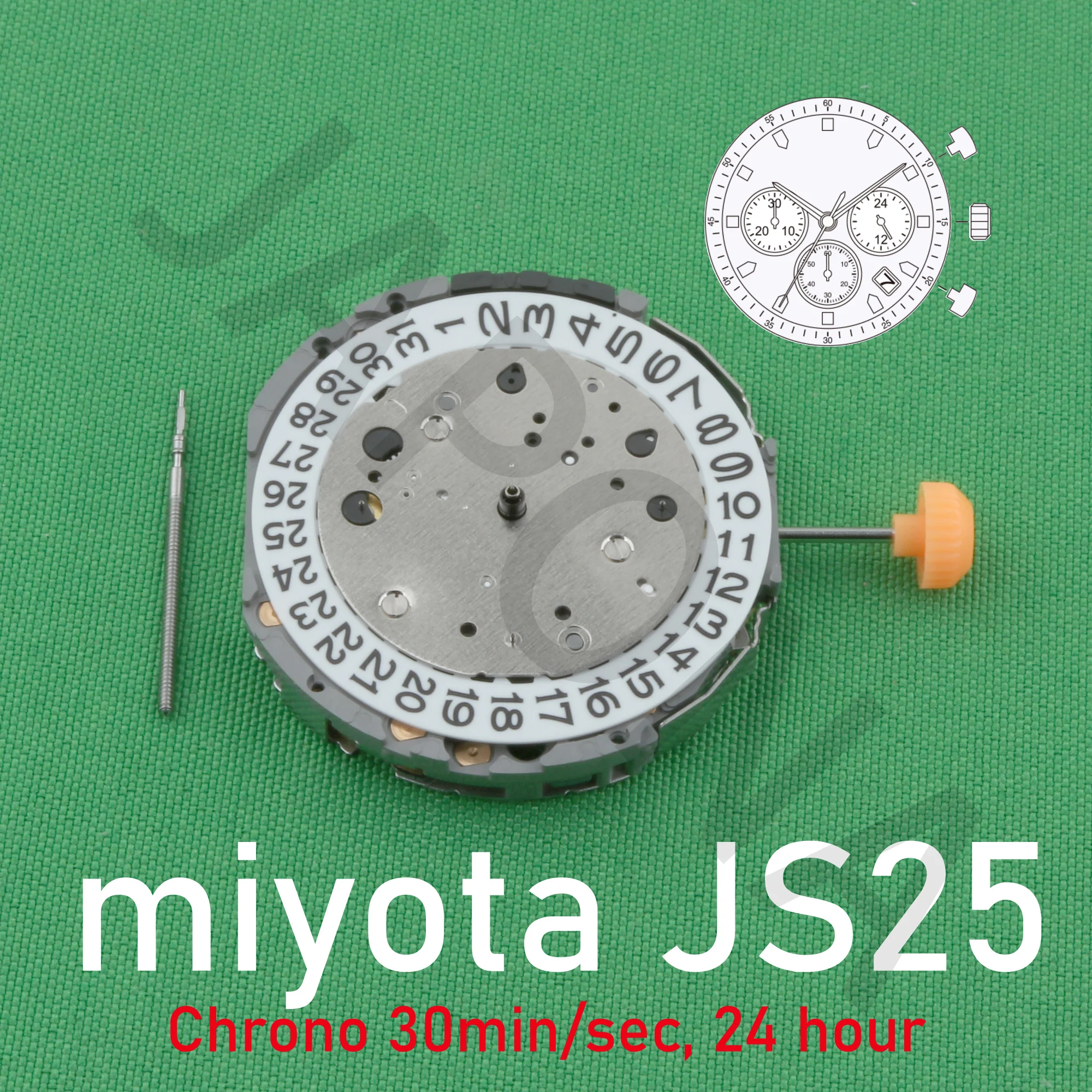Movimiento Js25 miyota JS25, cronógrafo japonés, 30min/seg, fecha de 24 horas
