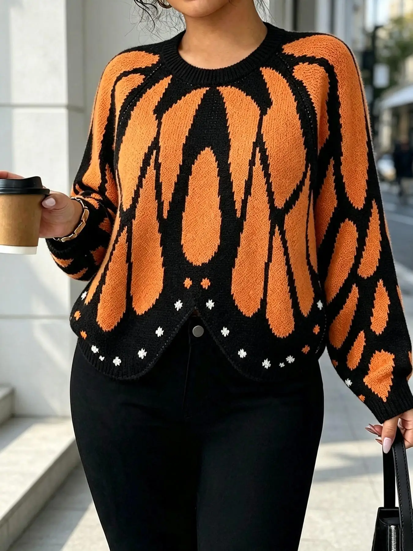 Plus Size Women Butterfly Print Knit Pullover, Round Neck Drop Shoulder Long Sleeve Fall Winter Fashion Sweater