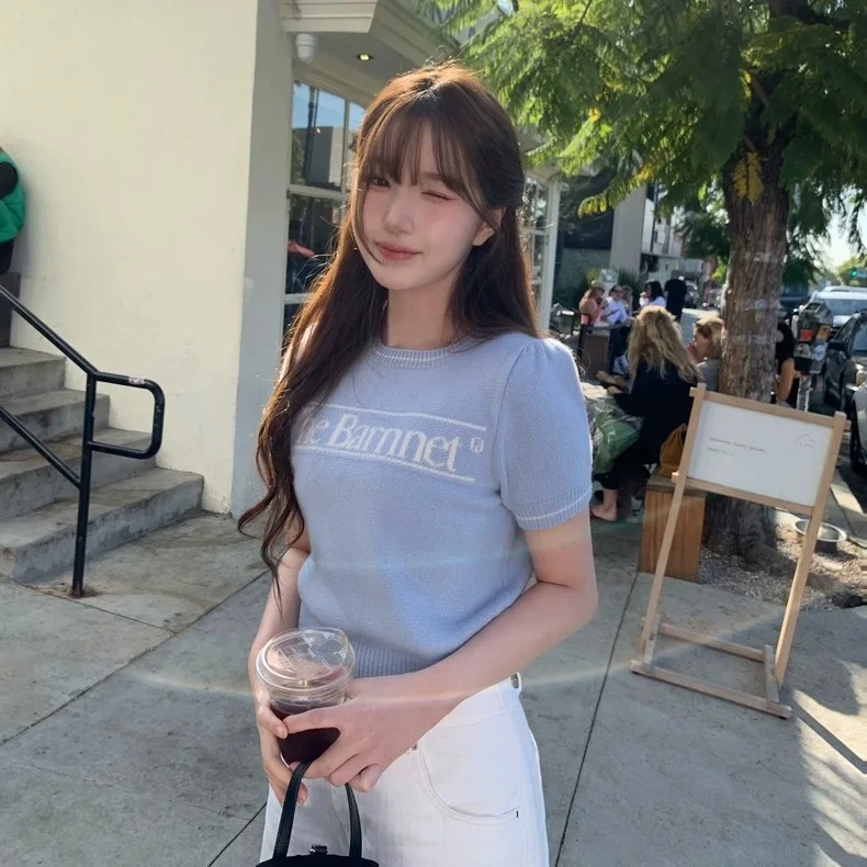 

Весна 2026: Новинка! Вязаный топ в корейском стиле с вышивкой букв, круглым вырезом, рукавами-фонариками, свободного кроя, с коротким рукавом, женский.