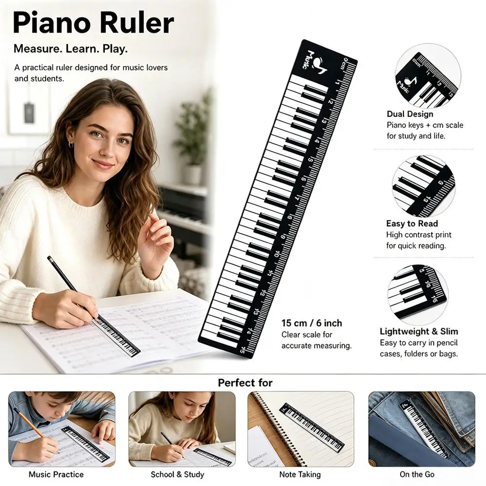 15CM Creative Music Ruler Piano Design Measuring Tool & Bookmark, For Musicians, Office, School Stationery Supply