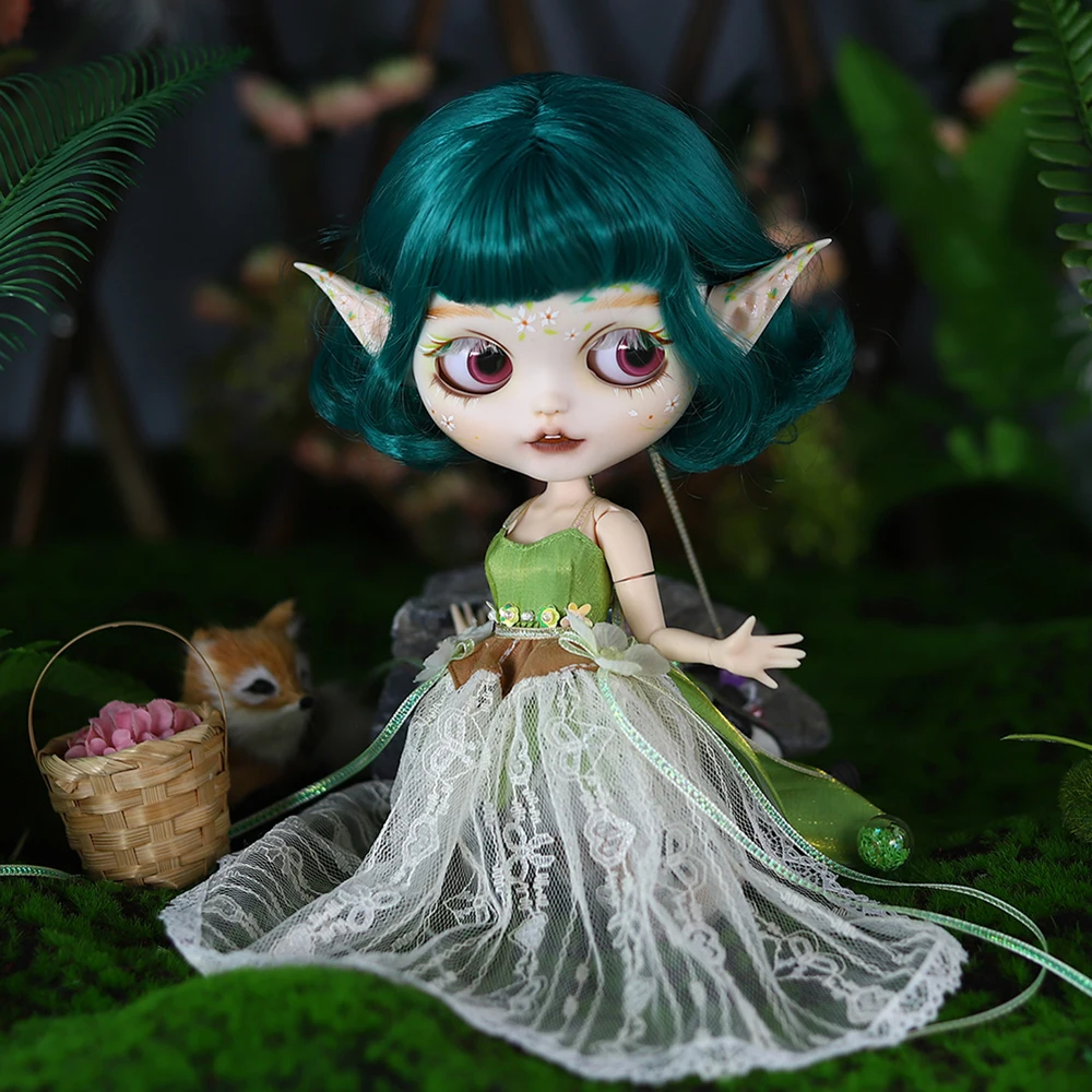 

ICY DBS Blyth Кукла Ярмаркая кожа Матовое лицо Зеленые короткие волосы Лесная фея Эльф Ручная роспись Макияж DIY Кукла Фестиваль Подарок на день рождения