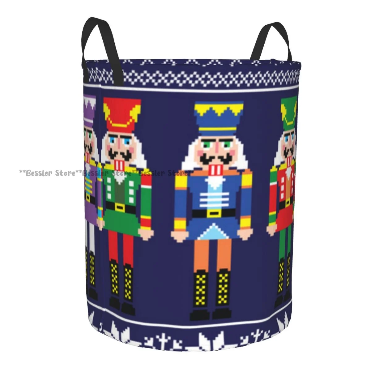 Laundry Basket Colorful Nutcracker Retro Xmas Scandinavian Motifs Round Storage Bin Collapsible Hamper Clothes Bucket Organizer