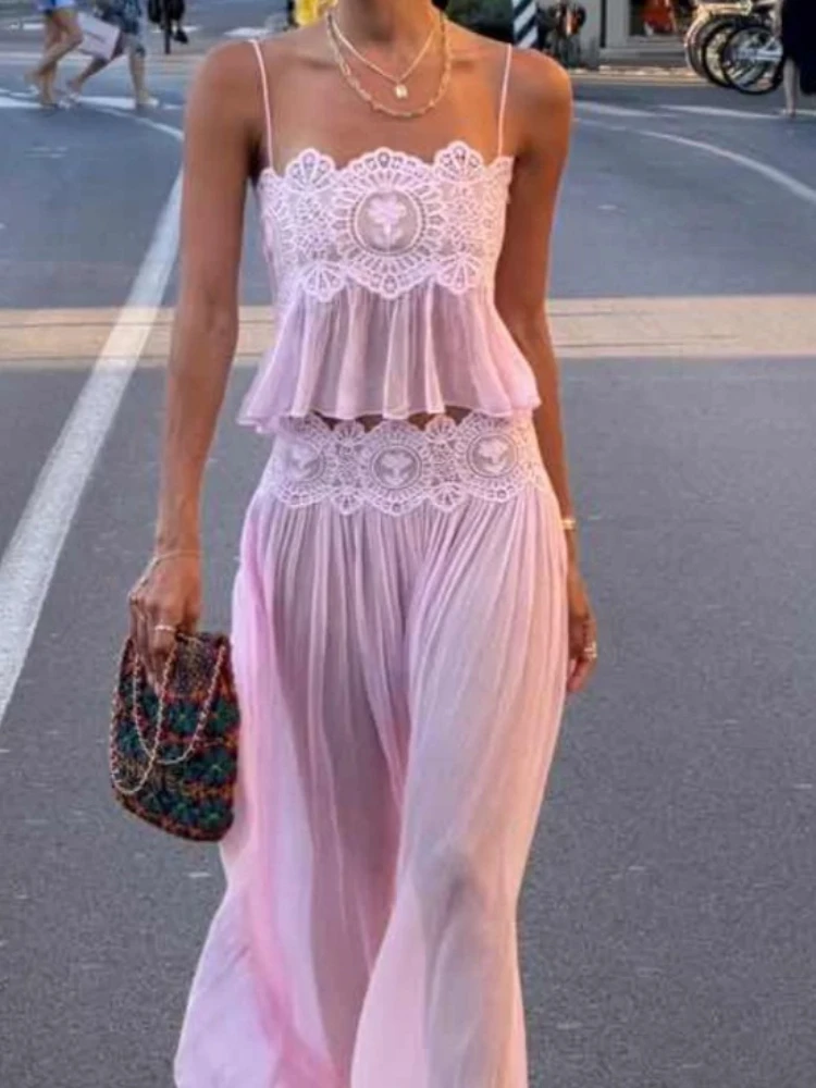 2026 New French Women's Lace Perspective Splicing Ginger Yellow Sexy Chiffon Top and Pants Two Piece Set, Seaside Degree Pretend