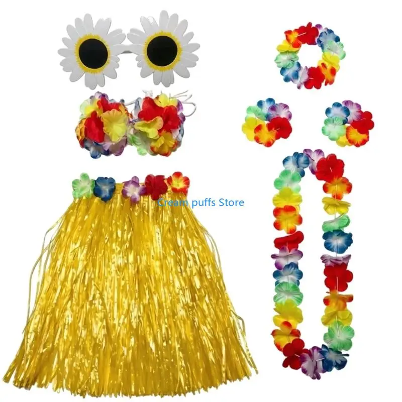 50LE Party Costume Set With Travel Grass Skirt, Floral Accessories and Beach Dance Outfit for Group Event