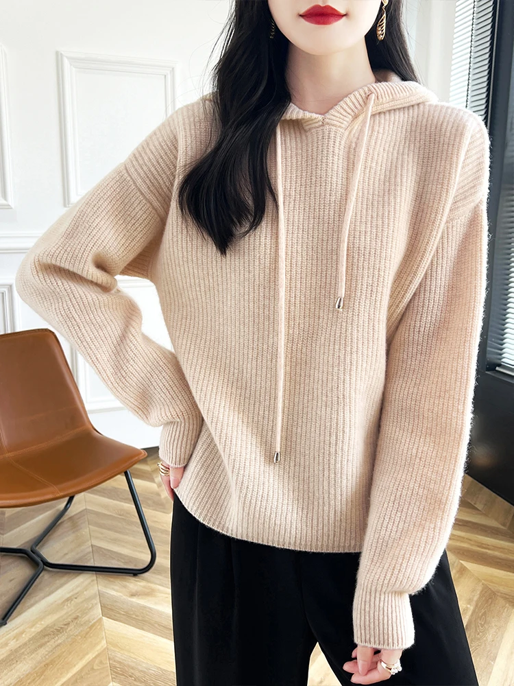 

High Quality Autumn Winter Women 100% Merino Wool Sweater Hooded Solid Soft Knitted Pullover Casual Basics Cashmere Clothing Top