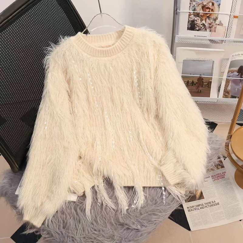 Korean Chic Tassel Knit Sweater Women Spring New Fluffy Fur Tassels Crop Sweater Female O Neck Casual Long Sleeve Jumper