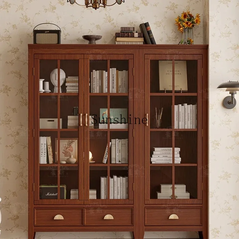 

American retro style combination brown bookcase living room with glass door dust-proof figure storage display