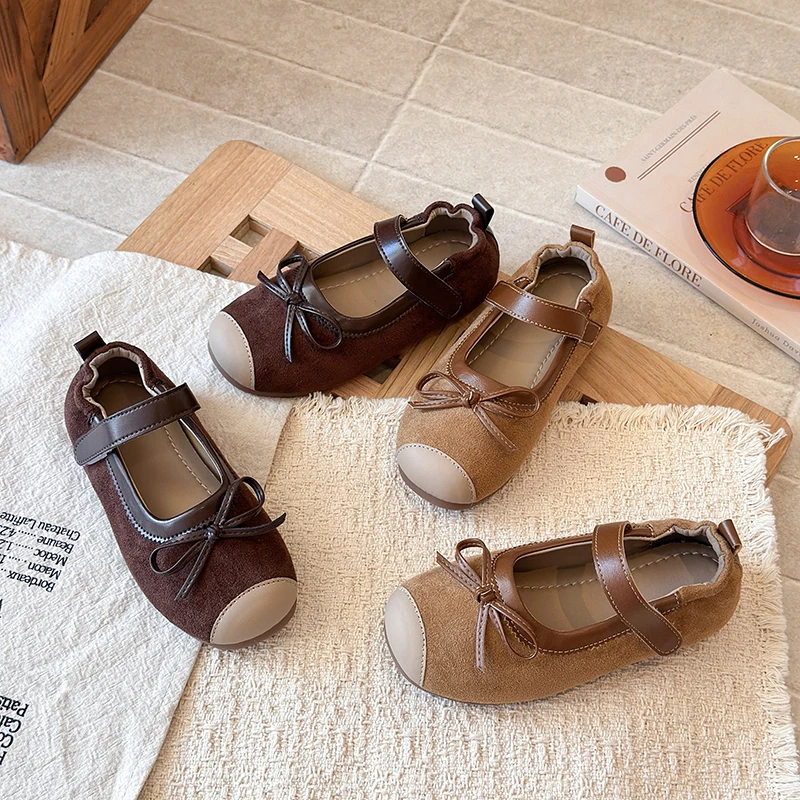 Autumn Girl's Mary Janes Bowknot Patchwork Suede Chic Kid's Flat Shoe Solid Colors Soft Sole Daily Versatile Children Shoes
