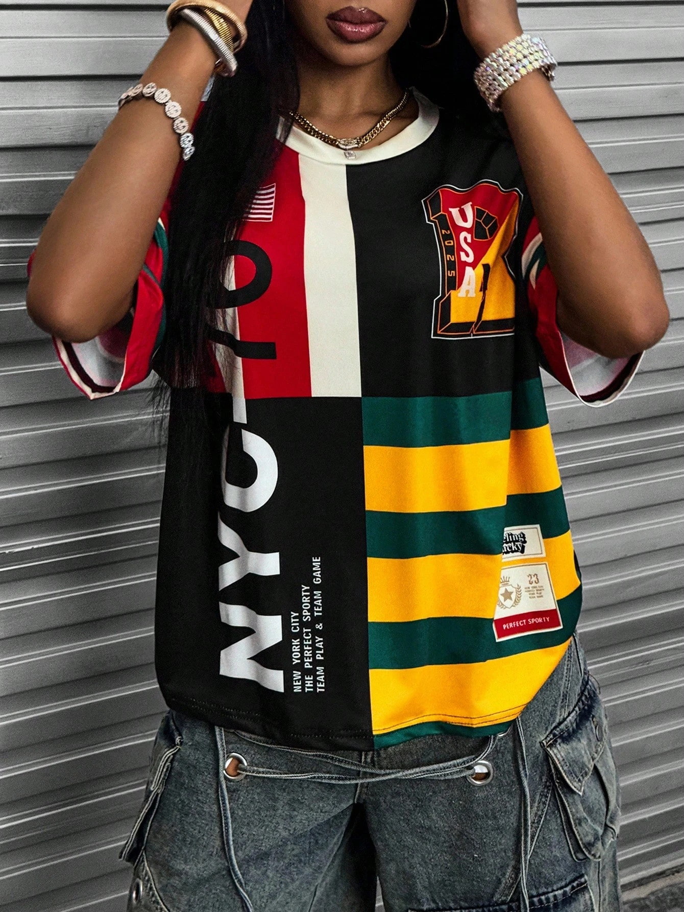 

Rovax Summer Fashion Striped Sports Jersey Splicing Digital Print T-Shirt