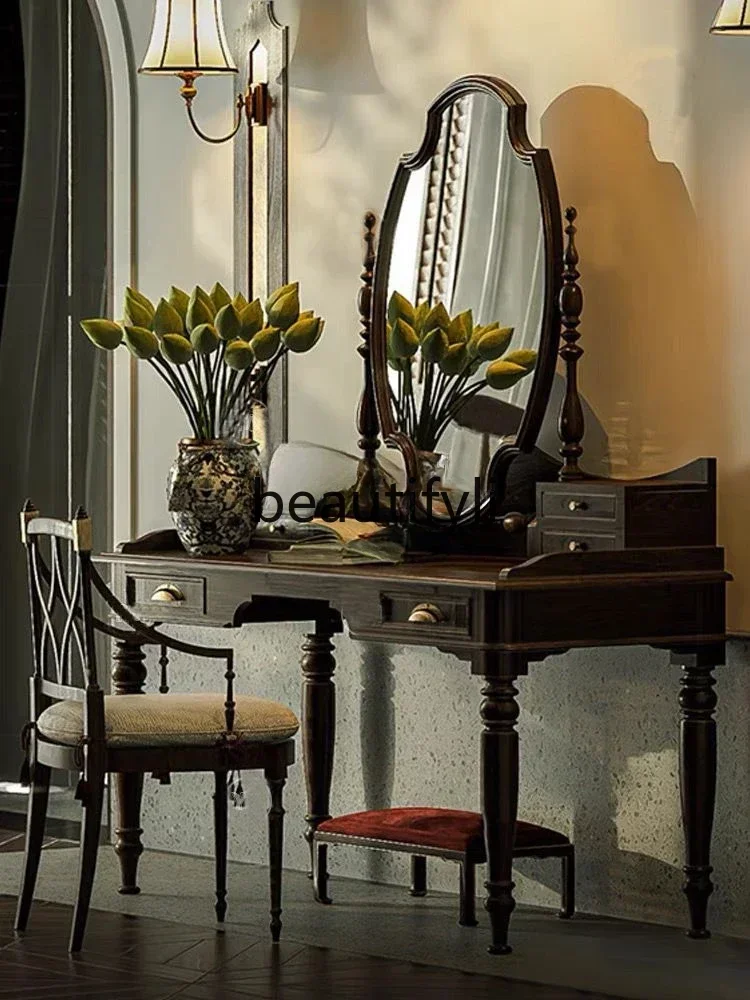 

yj9 American retro solid wood dresser French black mirror dressing table makeup stool