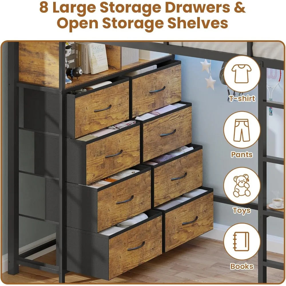 Twin Loft Bed with Desk & 8 Drawers Tall Dresser, Metal Loft Bed with LED Lights & Charging Station, 2-Tier Storage Shelves