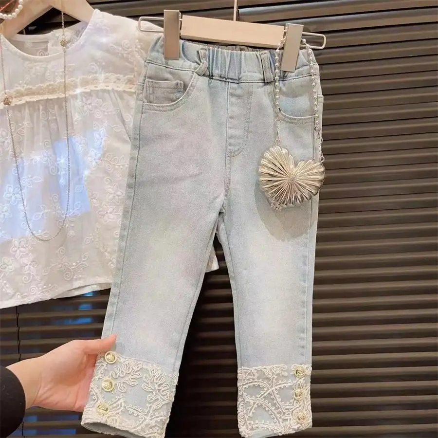 2024 spring new Chinese style improved lace trousers high waist straight pencil denim wide leg new pants3 4 5 6 7 8 9Y