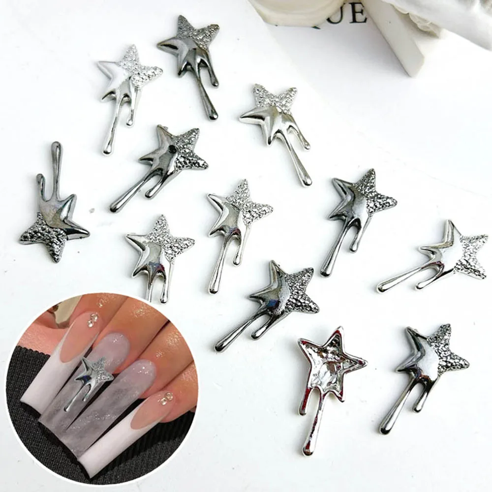 10Pcs Liquid Star Nail Art Charms 12*22mm Retro Silver/Gray Alloy Nail 3d DIY Parts Melt-Stars Manicure Accessories Star Charm