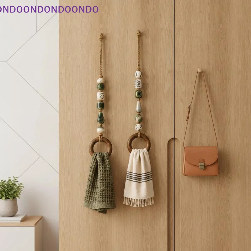 Decorative Beaded Towel Hanger With Wooden Ring Practical Design, Portable For Bathroom Kitchen