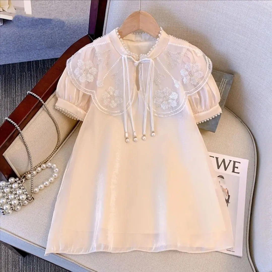 Girls Short sleeve Dress cheongsam Dress Summer New Baby Embroidered Collar Mesh Princess Dress Children\'s Dress