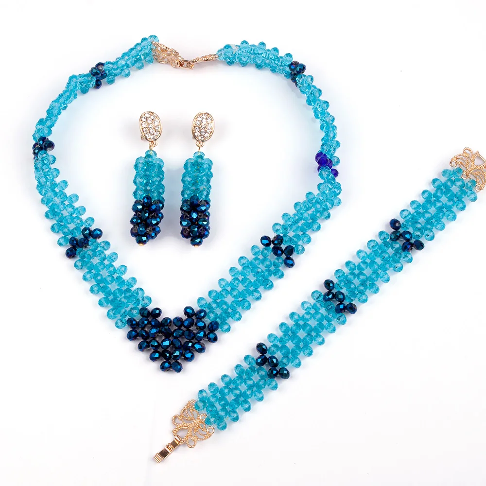 Sky Blue Crystal Beads Jewelry Sets African Wedding Jewelry Sets Trendy Nigerian Party V-Type Beads Sets Free Shipping ABG159