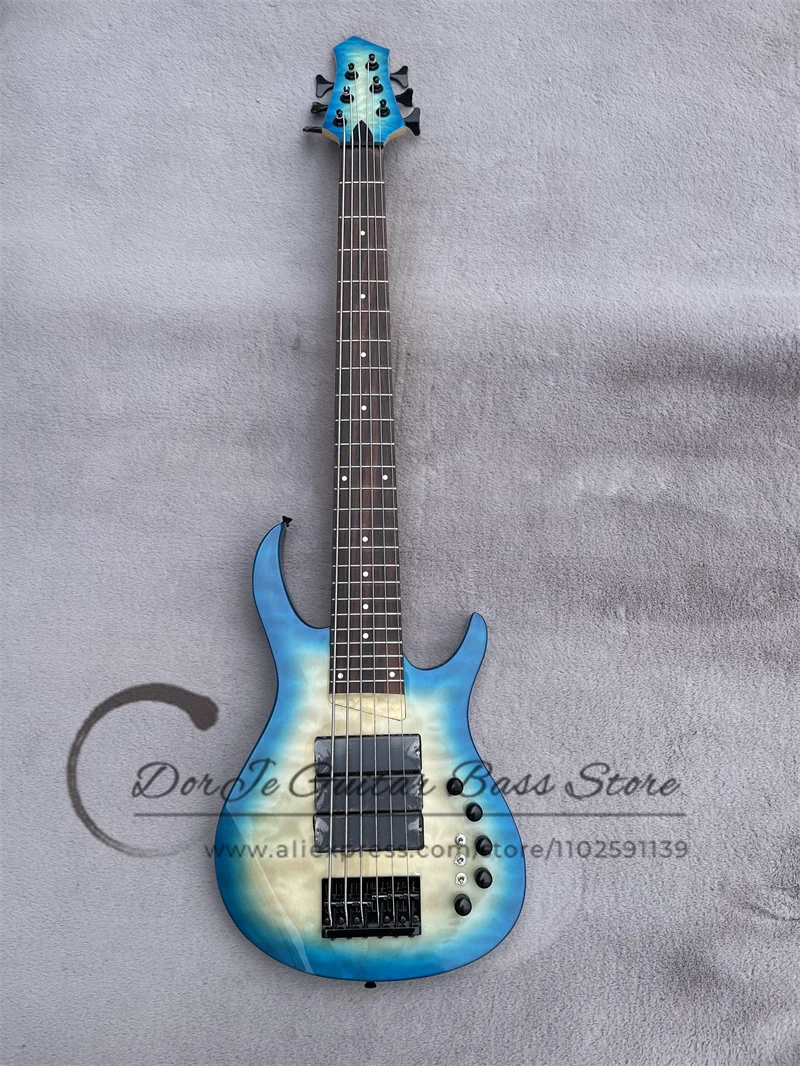 

6 String Electric Bass Blue Flame Maple Top Basswood Body Rosewood Fingerboard 24 Frets Maple Neck Active battery