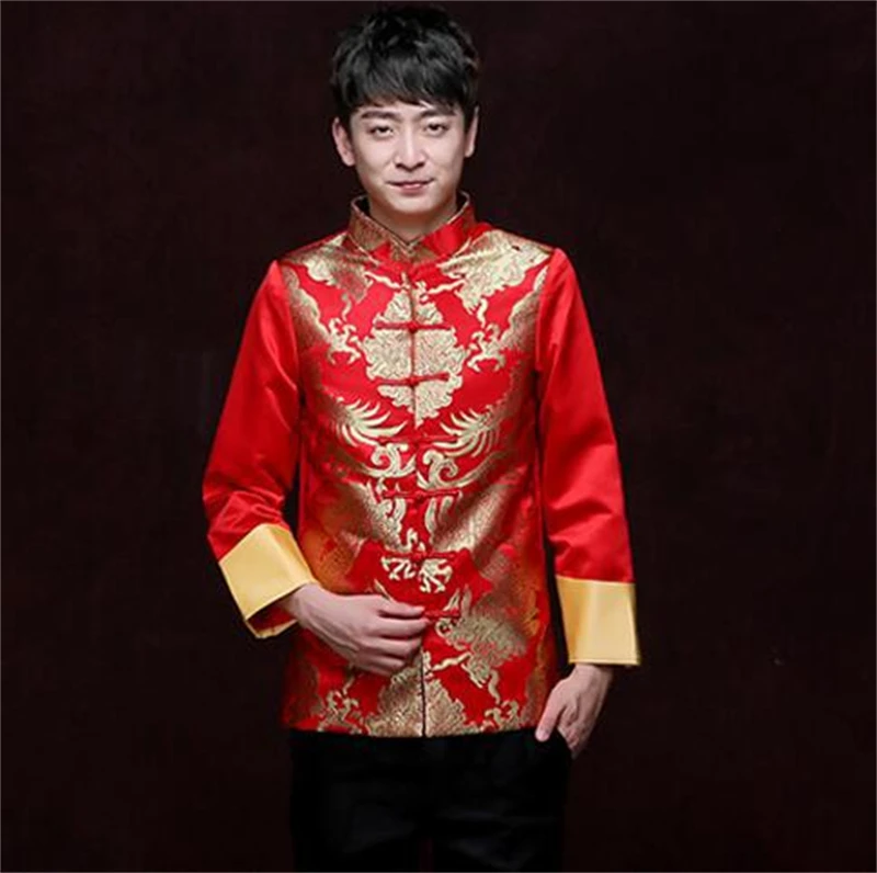 Tang Suit Red Traditional Chinese Clothing Men Hanfu Embroidery Top Dragon Print Vintage Satin Kungfu New Year Party Etiquette