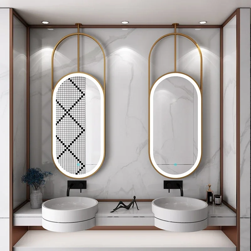 Hollow Suspension Rod Elliptical Ceiling Suspended Homestay Bathroom Mirror with Light Hanging Mirror Hotel Mirror