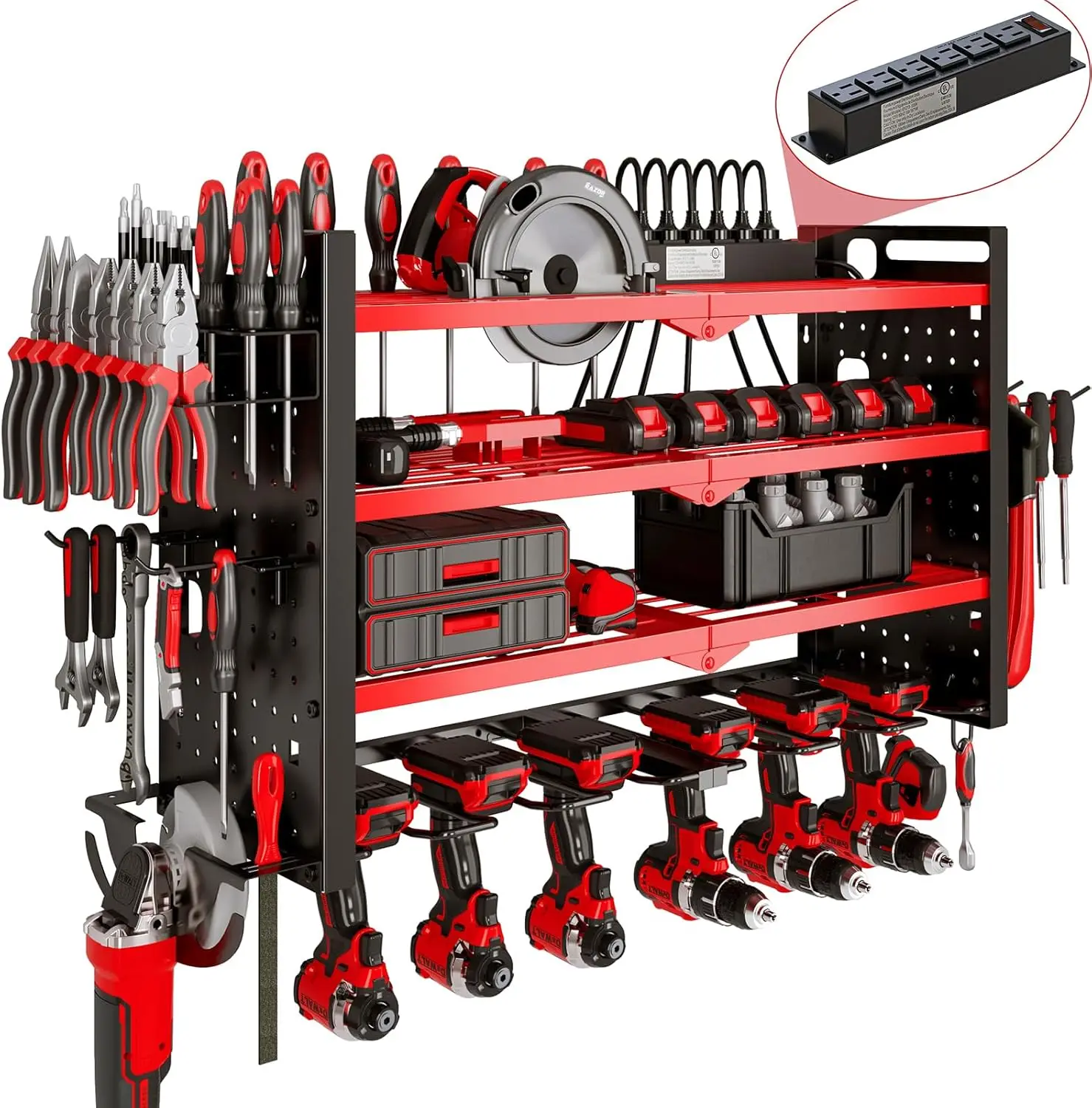 Power Tool Organizer Wall Mount With Charging Station 4 Layer 6 Slot Cordless Drill Holder With Angle Grinder Holder (Red)