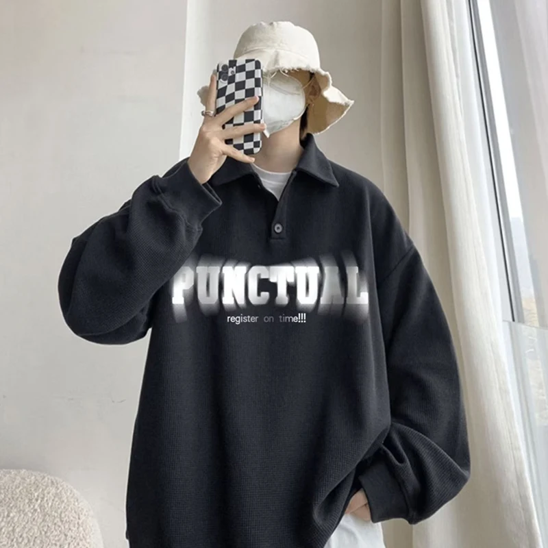 

Autumn Waffle Turndown Collar Sweatshirts For Men Vintage Letter Print Long Sleeve Button Polo Shirts Female Loose y2k Clothing