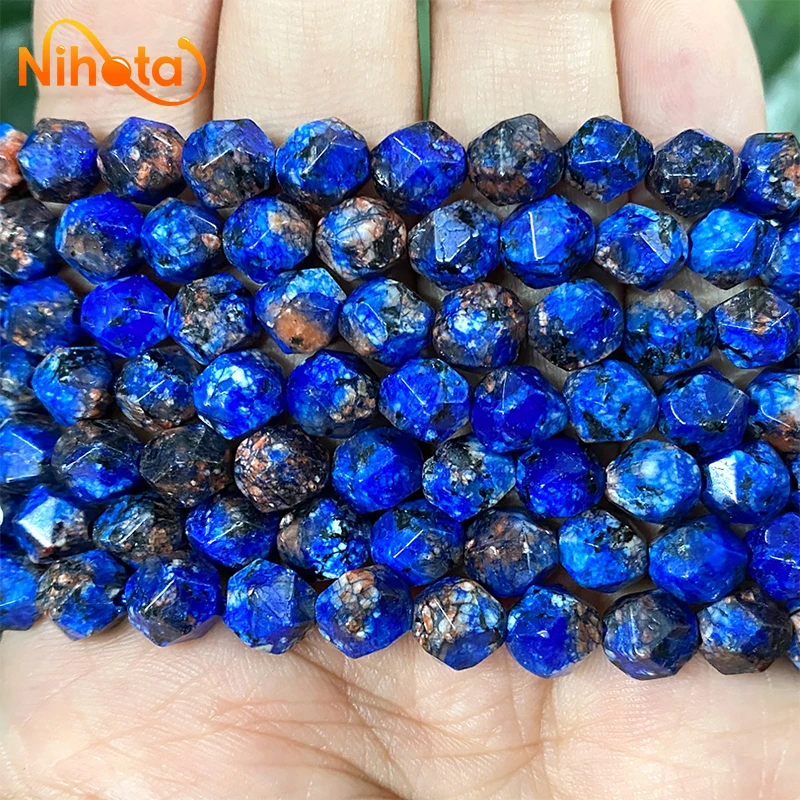 Natural Faceted Lapis Lazuli Blue Yellow Spot Jaspers Loose Spacer Beads for Making Jewelry DIY Bracelet Earrings 15\