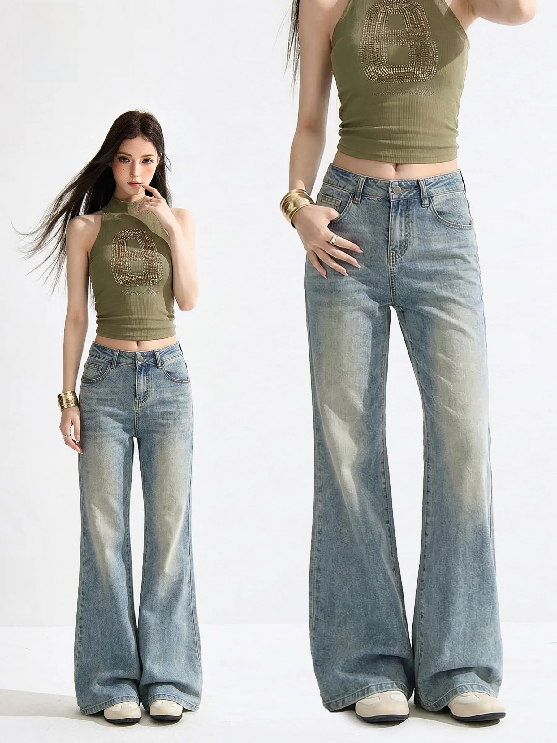 

Waed Vintage American Light Blue Women's Slim Fit Casual Jeans High Waist Wide Leg Pants Spring Autumn Casual Loose Fit