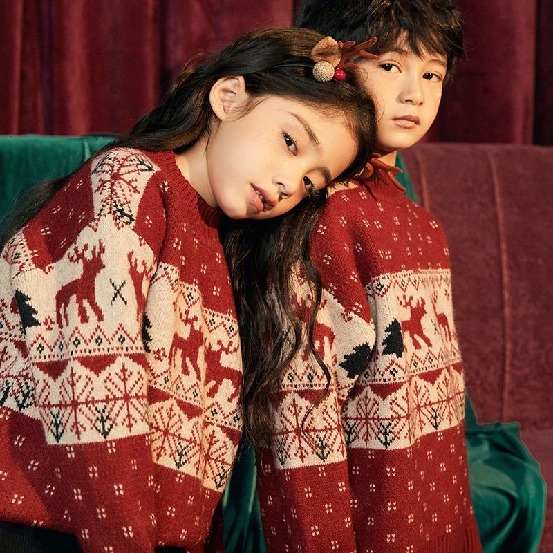 Boys and Girls Sweater Autumn/Winter New Cute Christmas Red Top Korean Edition Baby Thickened Pullover Knit Teen Clothes 9 Years