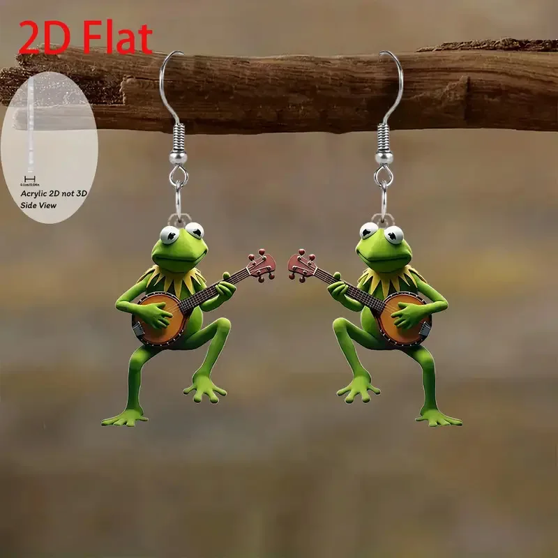 قطعة واحدة من أقراط سيدة الضفدع المسطحة من الأكريليك تتحدث عن الجيتار، أقراط بتصميم إبداعي على شكل حيوانات مع خلايا موسيقية، هدية