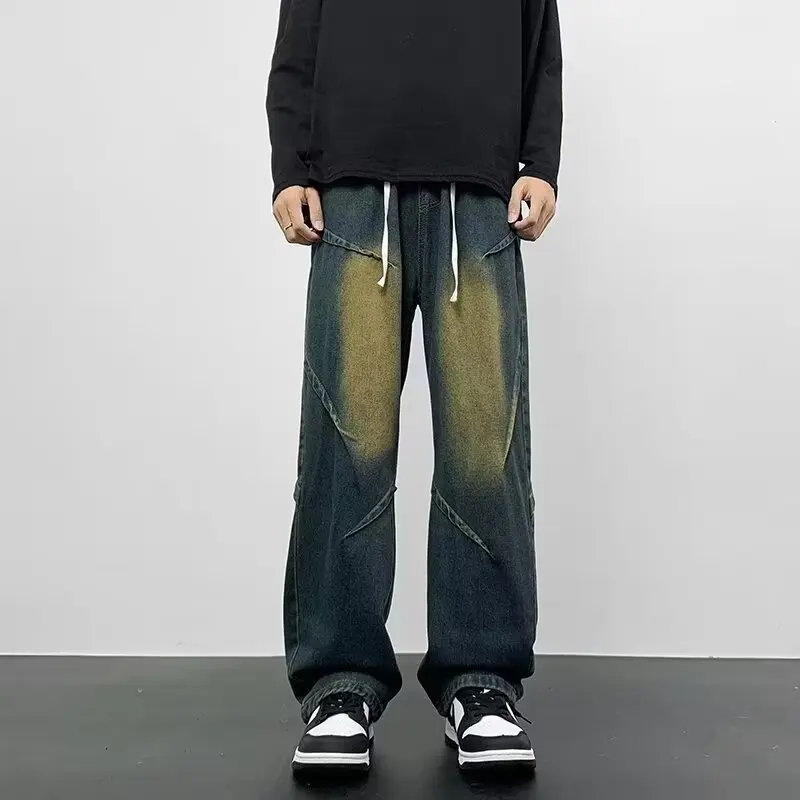 Vintage Blue Jean Pants Men Hip Hop Denim Trousers Male Streetwear Fashion Elastic Waist Autumn Retro Casual Straight Jeans