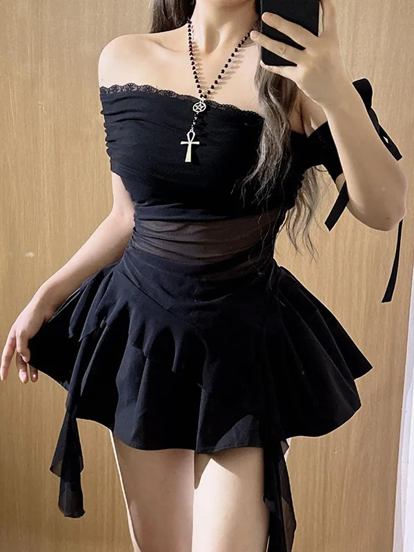 الرغبة النقية مثير ort Sve غير المتكافئة كشكش لي أعلى Bla عالية الخصر منتفخ تنورة المرأة قطعتين مجموعة الدانتيل تقليم سليم صالح #4