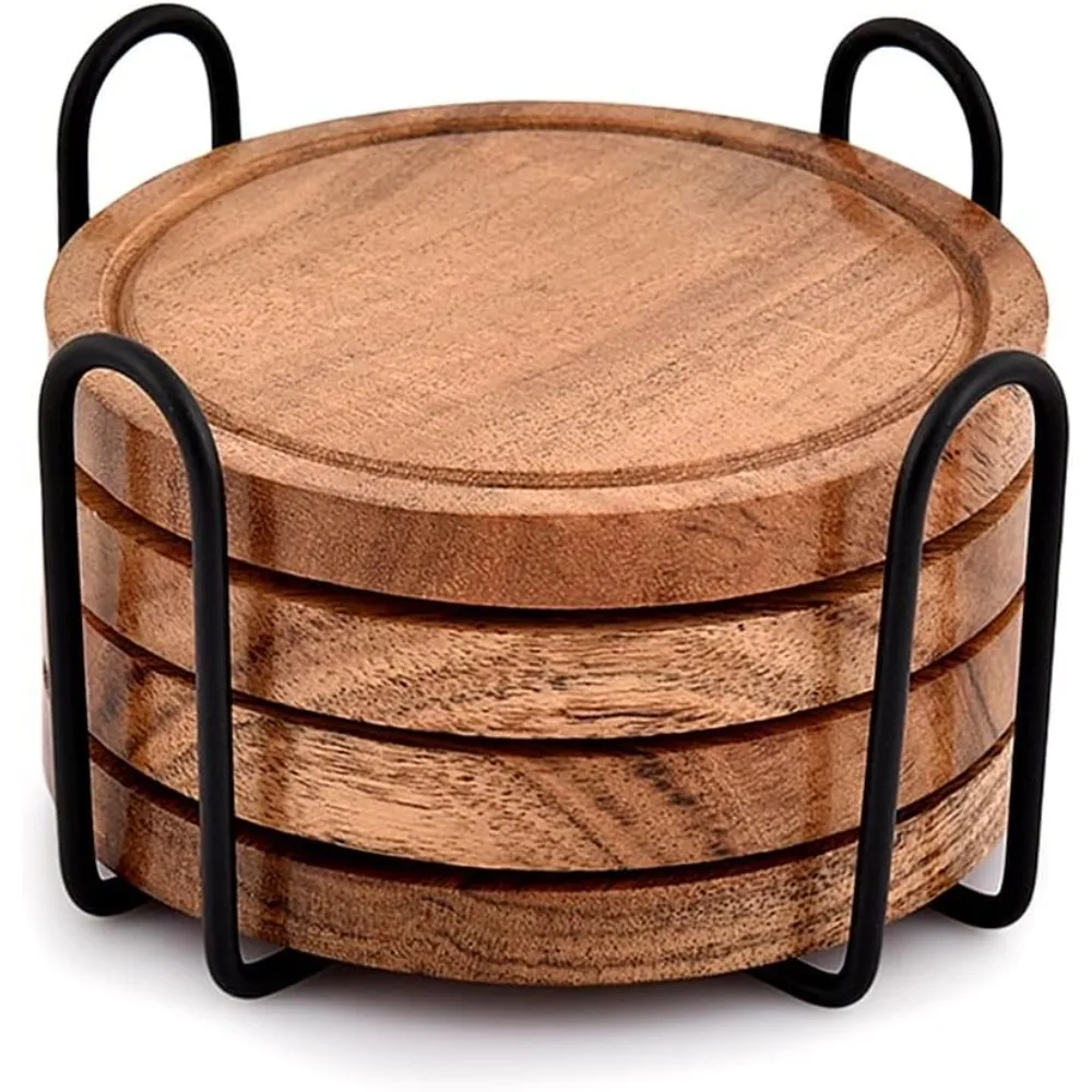 

Coasters Set Of 4 With Iron Holder For Dining Table Tabletop Protection Décor (4 X 4 X 0.5) (Set Of 4)