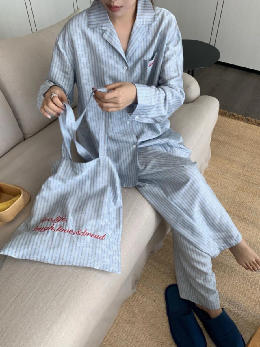 

Ele Korean Sle Striped Spwear Set Women's Long Sve Open Cardigan Loose Pants Home Clothes Spring Autumn New Arrival