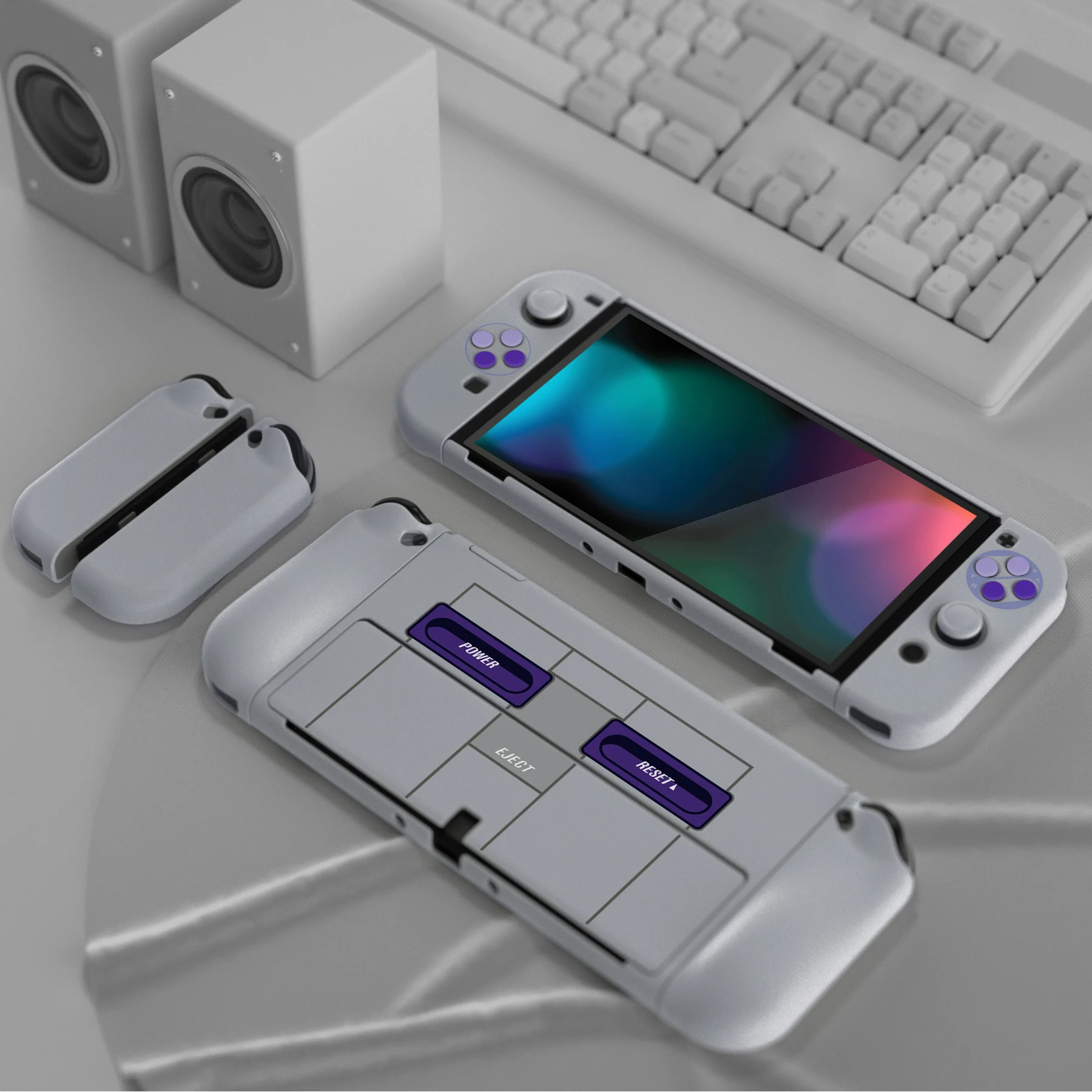 PlayVital AlterGrips Protective Slim Case Hard Shell for NS Switch OLED W/Thumb Grips & Button Caps - Classics SNES Style