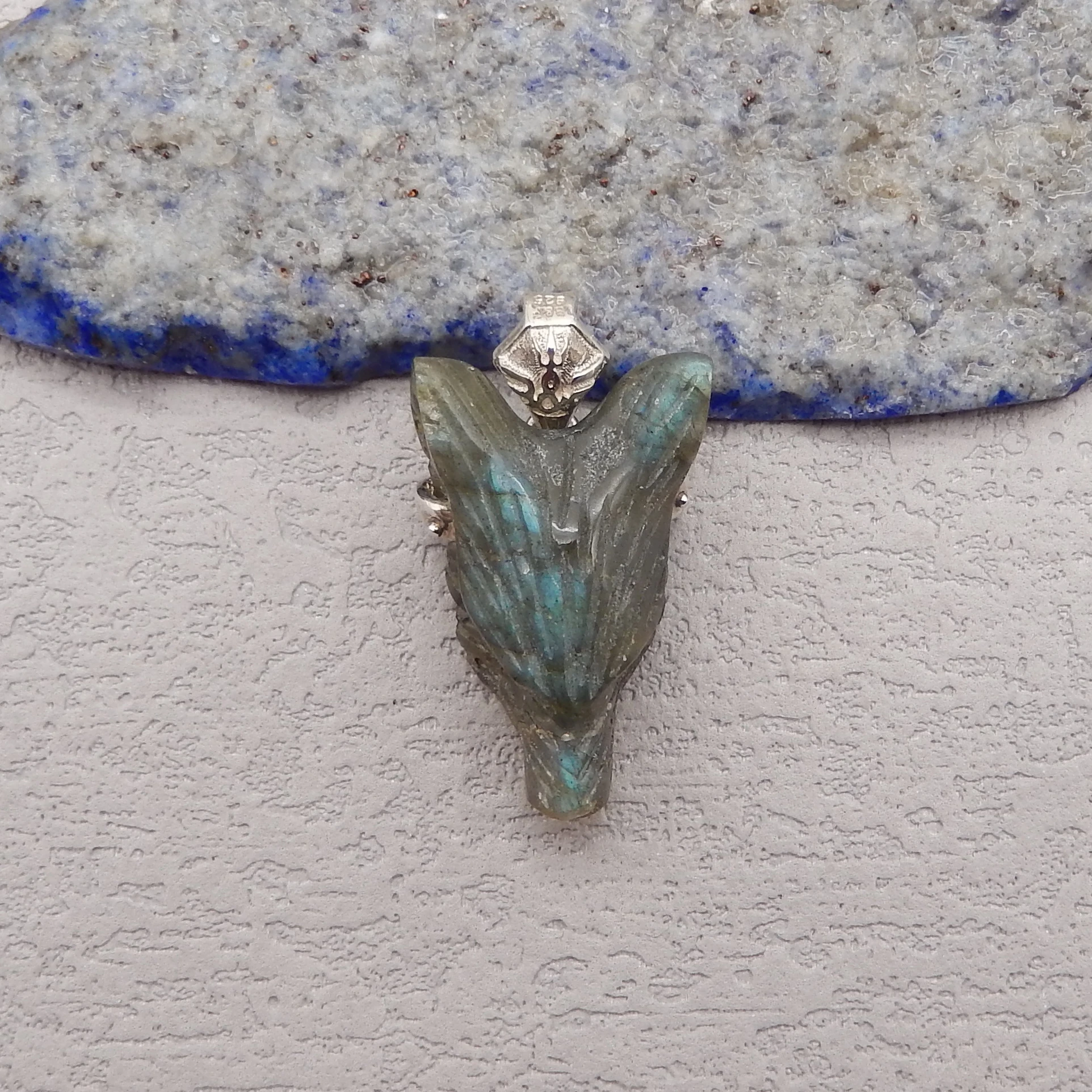 925 Sterling Silver Pendant,Natural Stone Amazonite Handcarved Wolf Head Pendant Bead Men Women Gift 30x21x10mm 6g