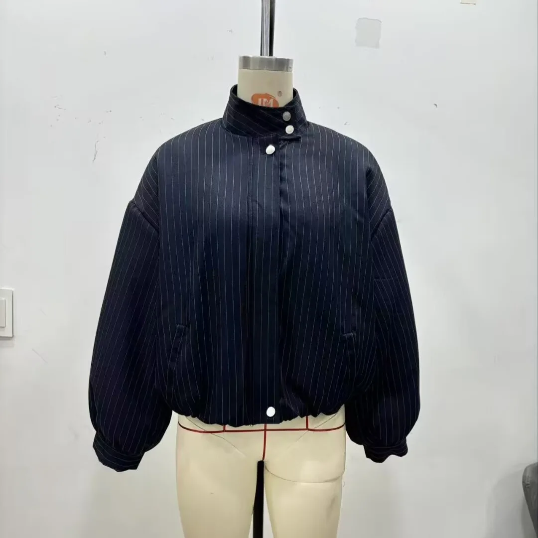 Women's Fashion Casual Jacket Fall High Street Versatile Half-Turtleneck Striped Bomber Coat Commuter Zip-Up Long Sleeve Outwear