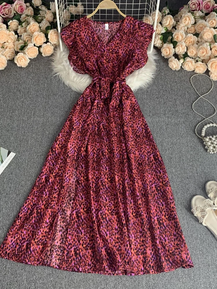 Women Elegant Vintage French V-neck Dress New Summer Pleat High Waist Slim Party Vacation Strap Dresses Vestidos