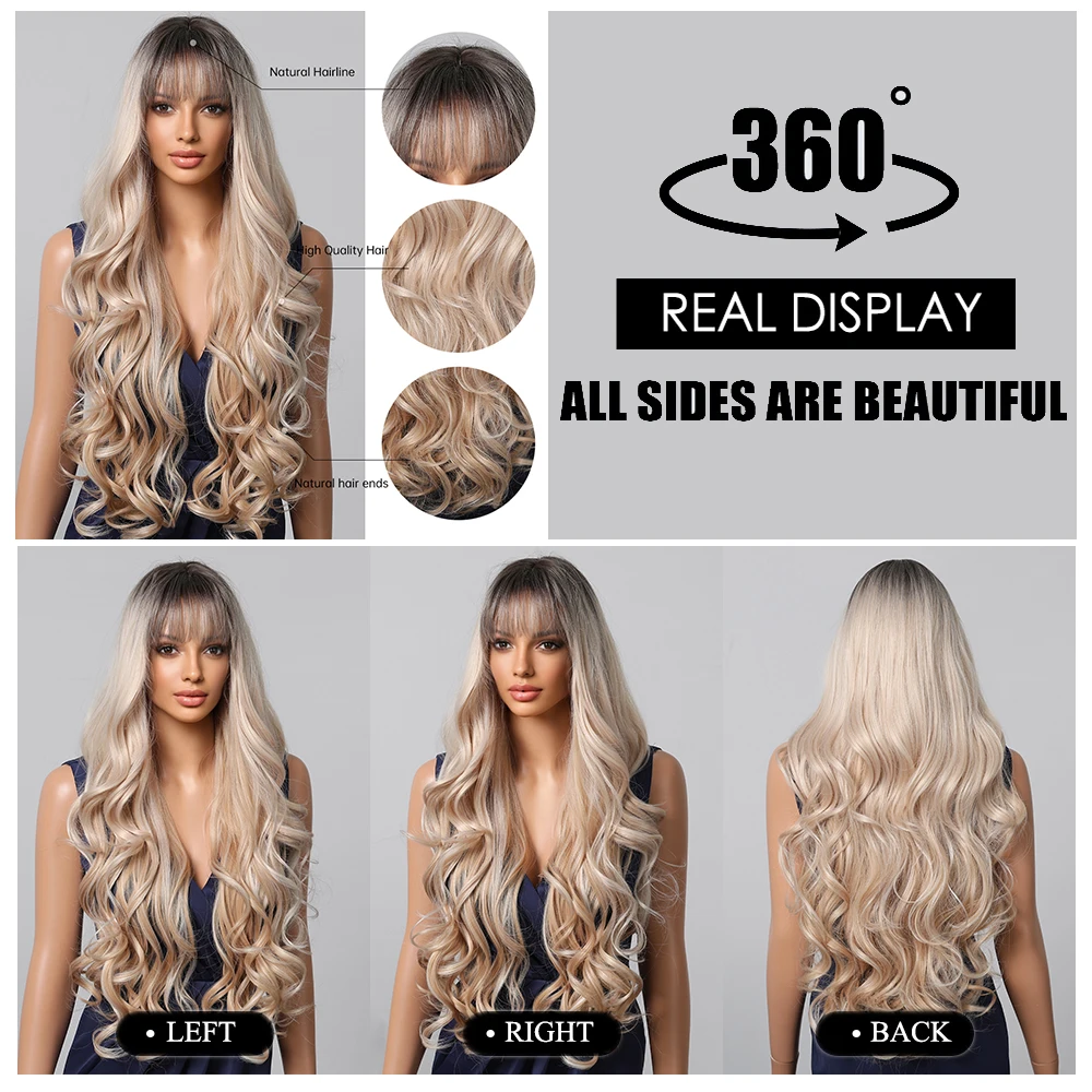 EASIHAIR Blonde Ombre Synthetic Wigs for Women 30 inch Long Wavy Natural Hair Wigs Heat Resistant Daily Cosplay Wig with Bangs