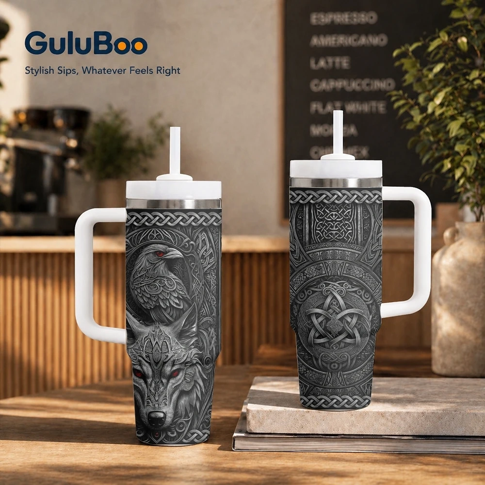 Norse Wolf Raven Celtic Prints Vacuum Flasks 40oz Stainless Steel Insulated Tumbler With Handle & Straw Leakproof Travel Mug