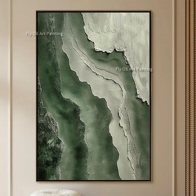 

Black And Deep Green Abstract Canvas Thick Wall Art Handpainted New Fashional Design Artwork Green Beige Wave Oil Painting Decor
