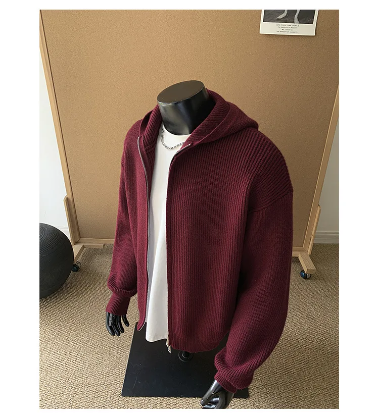 2026 New Autumn Winter Simple Solid Color Knitted Hoodie Men Japan Korean Fashion Casual Loose Double Zipper Hooded Jacket