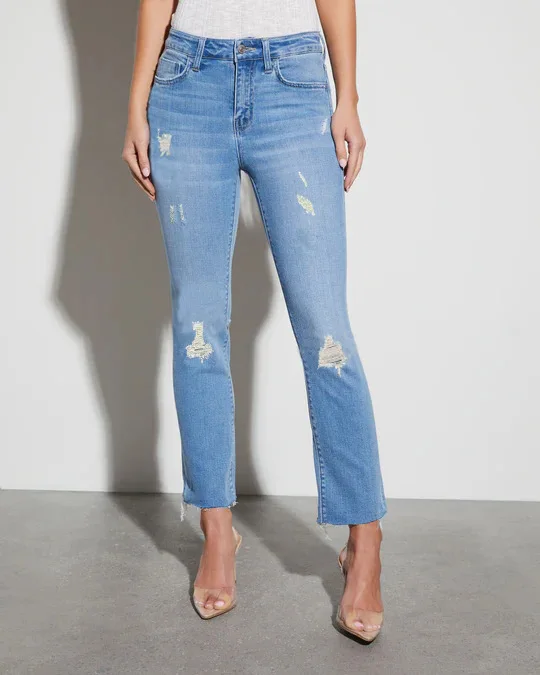 Ankle Length Denim Pants Women Ripped Pencil Jeans High Waist Distressed Pockets Hole Jean Skinny Solid Casual Washed 2024