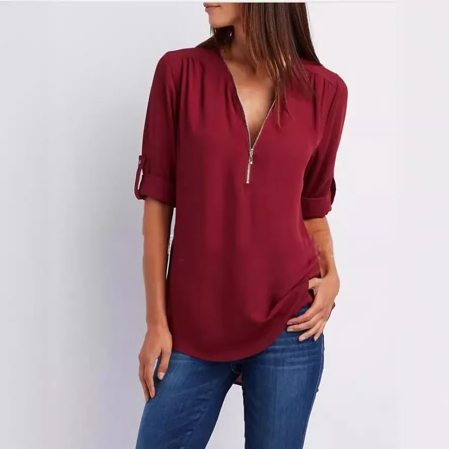 Prowow Chiffon Pink Women Tops Clothes Zipper Collar Long Sleeve Spring Summer Office Lady Blue Shirts Slim Fit Outfits White