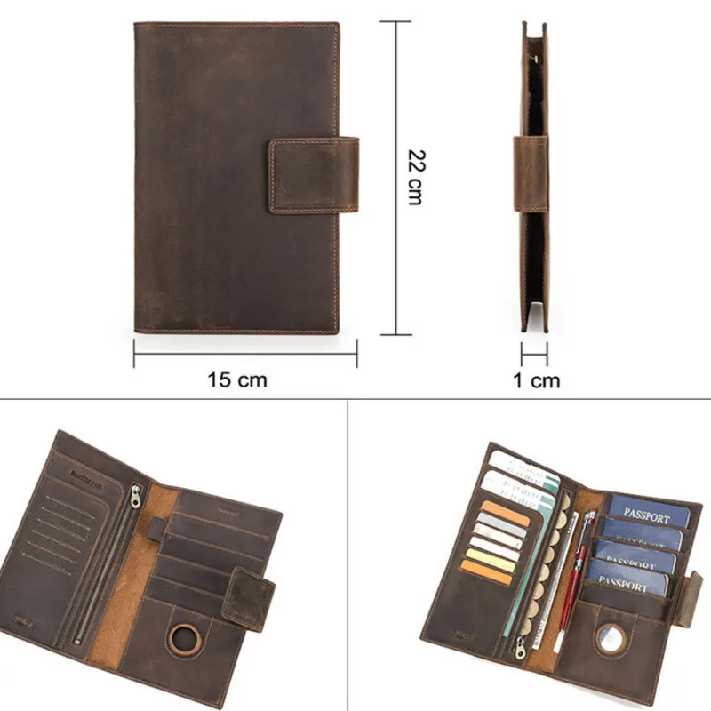 British Style Crazy Horse Skin Genuine Genuine Leather Wallets Female Clip Airtag Anti Loss Position Family Travel Passport Bags