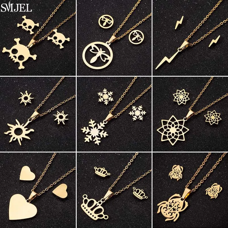 Winter Mode Schneeflocke Halskette Anhänger Edelstahl Schmuck-Set Für Frauen Weihnachten Mandala Sonne Herz Krone Ohrringe Geschenke